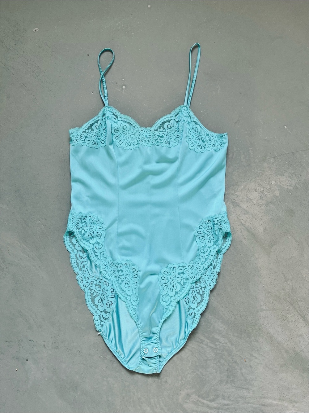 Vintage Shadow Line 70s 80s Nylon and Lace Teal Teddy Lingerie Bodysuit medium